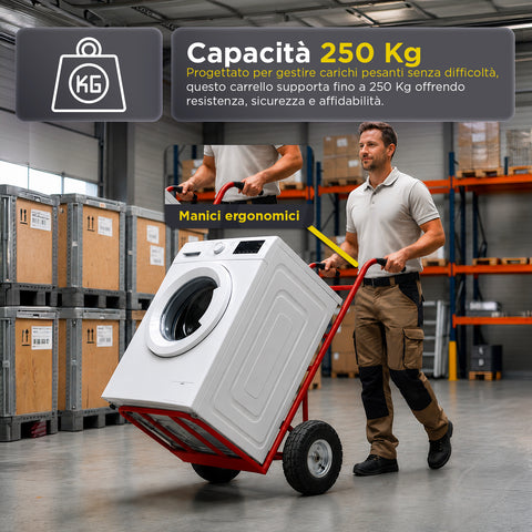 Carrello da Carico Professionale 250 kg in Acciaio - Nero con Ruote Pneumatiche Antiforo