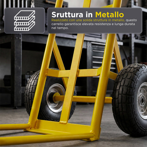 Carrello da Carico Professionale 250 kg in Acciaio - Nero con Ruote Pneumatiche Antiforo
