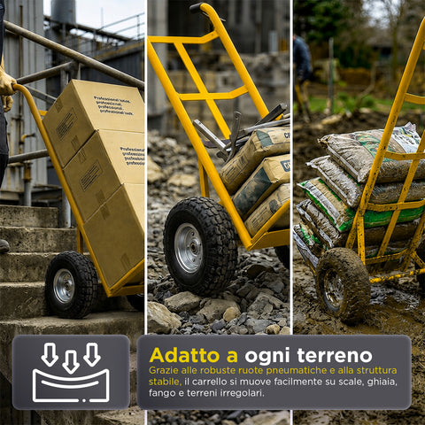 Carrello da Carico Professionale 250 kg in Acciaio - Nero con Ruote Pneumatiche Antiforo