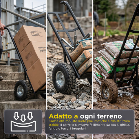 Carrello da Carico Professionale 250 kg in Acciaio - Nero con Ruote Pneumatiche Antiforo