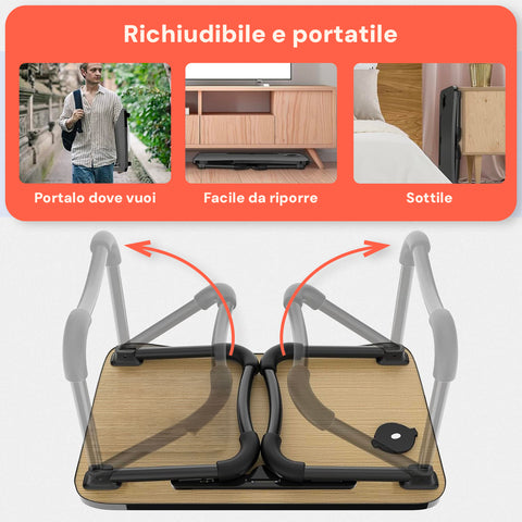 Tavolino Pieghevole Salvaspazio in Legno con Porta Bicchiere