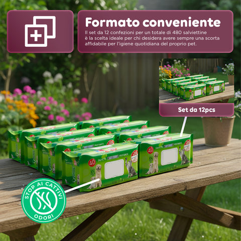 Salviette Pets 40 / 480 pz con Aloe – Detergenti e Deodoranti per Uso Quotidiano