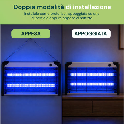 Lampada Insetticida Elettrica 30W Copertura 60m² con Vassoio Rimovibile, Zanzariera UV LED 8700h Cavo 1 mt e Catena per Fissaggio