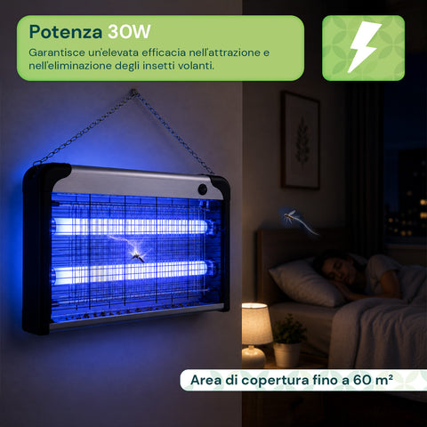 Lampada Insetticida Elettrica 30W Copertura 60m² con Vassoio Rimovibile, Zanzariera UV LED 8700h Cavo 1 mt e Catena per Fissaggio