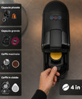 Macchina Caffè Espresso 4 in 1 – Capsule Nespresso, Dolce Gusto, Modo Mio e Macinato 19 Bar, 1450W, Serbatoio 0,6L, Spegnimento Automatico
