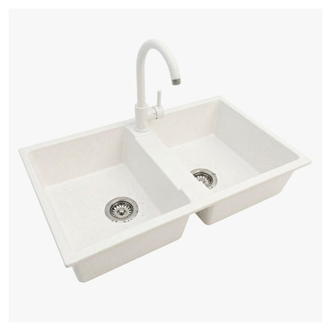 Lavello Cucina a Due Vasche con o senza Gocciolatoio, Bianco o Nero, Rubinetto incluso
