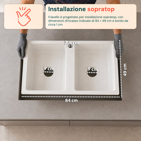 Lavello Cucina a Due Vasche con o senza Gocciolatoio, Bianco o Nero, Rubinetto incluso