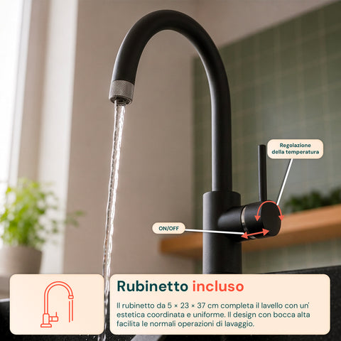 Lavello Cucina a Due Vasche con o senza Gocciolatoio, Bianco o Nero, Rubinetto incluso