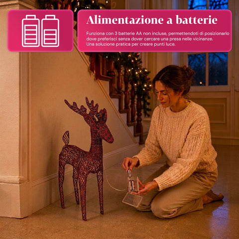 Renna Luminosa 90 cm Glitter con LED Luce Calda | Decorazione Natalizia in Vimini – 2 Finiture, 3 Colori