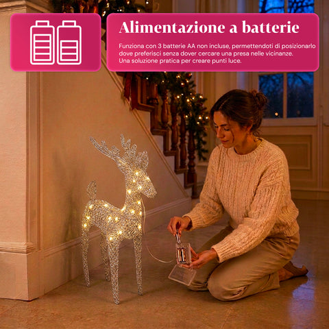 Renna Luminosa 90 cm Glitter con LED Luce Calda | Decorazione Natalizia in Vimini – 2 Finiture, 3 Colori