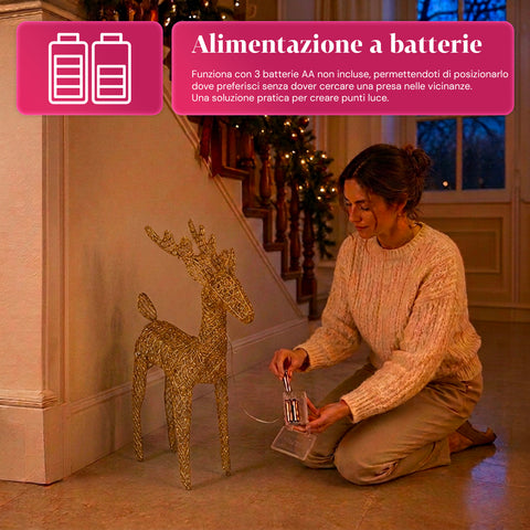 Renna Luminosa 90 cm Glitter con LED Luce Calda | Decorazione Natalizia in Vimini – 2 Finiture, 3 Colori