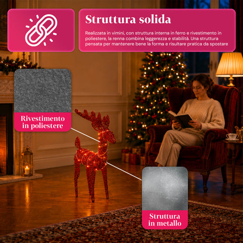 Renna Luminosa 90 cm Glitter con LED Luce Calda | Decorazione Natalizia in Vimini – 2 Finiture, 3 Colori