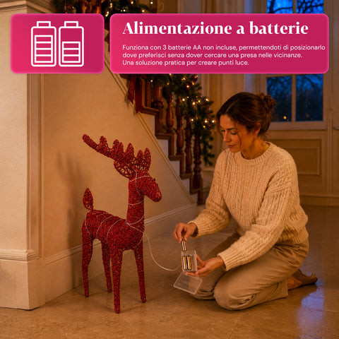 Renna Luminosa 90 cm Glitter con LED Luce Calda | Decorazione Natalizia in Vimini – 2 Finiture, 3 Colori