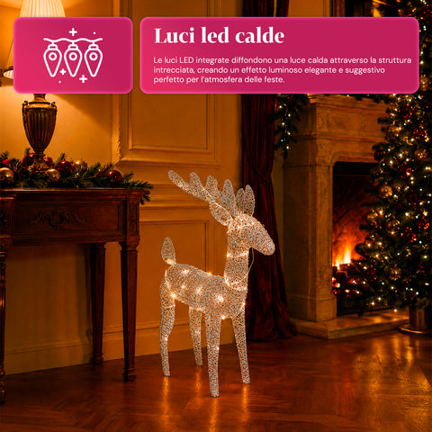 Renna Luminosa 90 cm Glitter con LED Luce Calda | Decorazione Natalizia in Vimini – 2 Finiture, 3 Colori