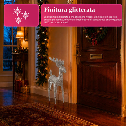 Renna Luminosa 90 cm Glitter con LED Luce Calda | Decorazione Natalizia in Vimini – 2 Finiture, 3 Colori