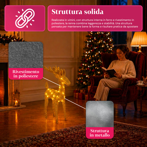 Renna Luminosa 90 cm Glitter con LED Luce Calda | Decorazione Natalizia in Vimini – 2 Finiture, 3 Colori