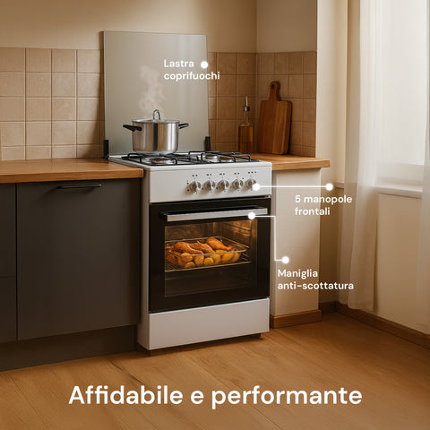 Cucina 60cm con 4 Fuochi e Forno Elettrico 1900W – Classica e Potente