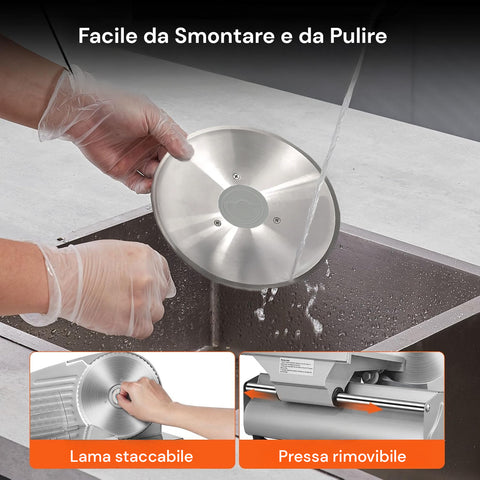 Affettatrice facile da smontare e pulire con lama staccabile e pressa rimovibile, manutenzione semplice e igienica