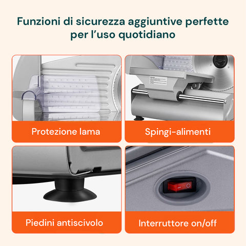 Funzioni di sicurezza affettatrice: protezione lama, spingi-alimenti, piedini antiscivolo e interruttore on/off per uso quotidiano sicuro