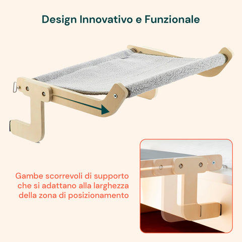 Letto pensile per gatti Puppy Lovers design innovativo e funzionale con gambe scorrevoli di supporto che si adattano alla larghezza della zona di posizionamento