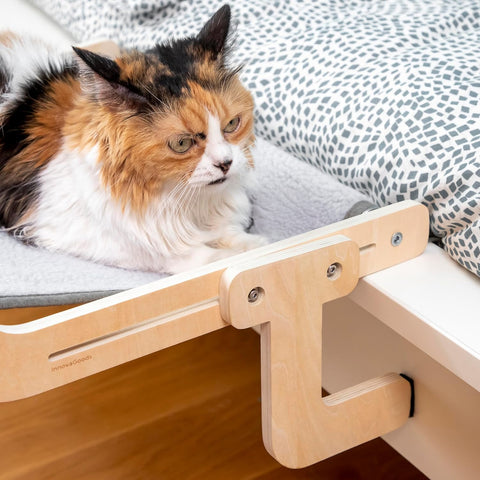 Letto pensile per gatti Puppy Lovers con gatto tricolore che si rilassa, struttura in legno naturale resistente, massimo comfort