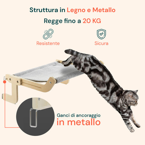 Letto pensile per gatti Puppy Lovers con struttura in legno e metallo che regge fino a 20kg, resistente e sicura con ganci di ancoraggio in metallo