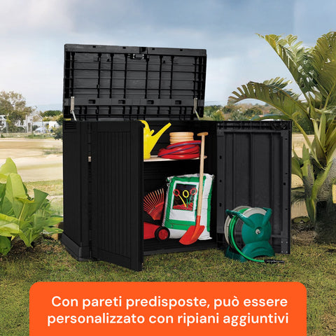 Baule da giardino con pareti predisposte per ripiani aggiuntivi, personalizzabile per organizzazione ottimale attrezzi