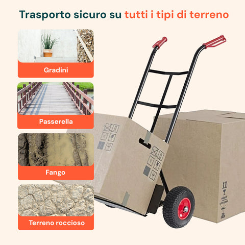 Carrello per trasporto sicuro su tutti i tipi di terreno: gradini, passerella, fango e terreno roccioso, ruote versatili
