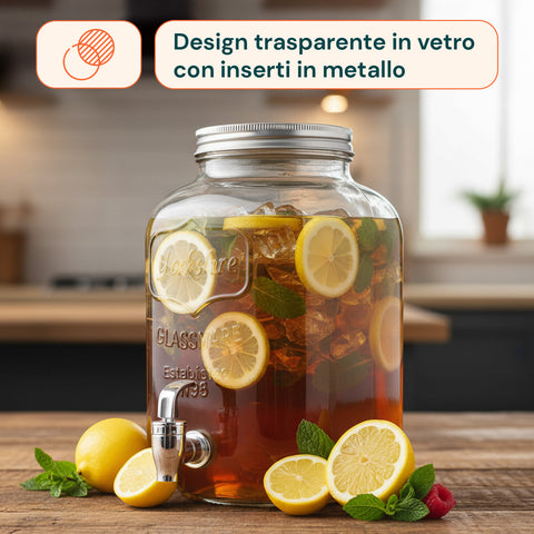 Dispenser Bevande in Vetro 8L con Rubinetto in Alluminio