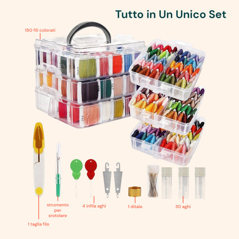 Set Ricamo Completo con 3 Livelli, 150 Fili, Aghi e Organizer in Plastica
