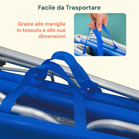 Lettino facile da trasportare grazie alle maniglie in tessuto blu e alle sue dimensioni compatte, design pieghevole per massima portabilità