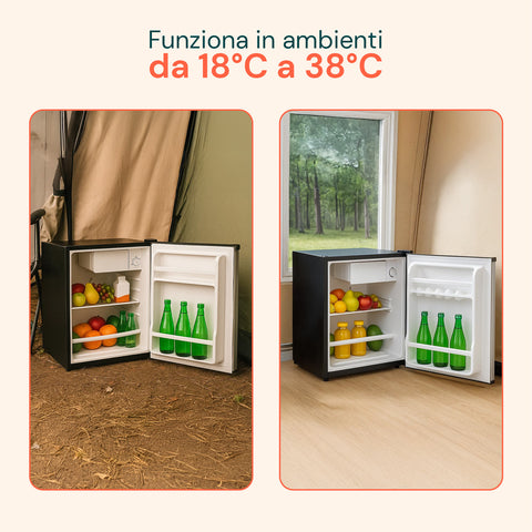 Mini frigo che funziona in ambienti da 18°C a 38°C con classe climatica ST, perfetto per campeggio e casa