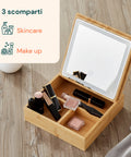 Organizer in Bambù con Specchio a LED – Portaoggetti 3 Scomparti 19.7x19.7x22 cm