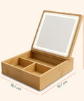 Organizer in Bambù con Specchio a LED – Portaoggetti 3 Scomparti 19.7x19.7x22 cm