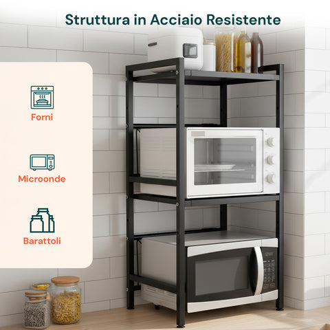 Scaffale da Cucina Espandibile a 3 Ripiani in Metallo e Legno con 6 Ganci Inclusi