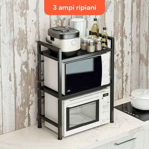 Scaffale da Cucina Espandibile a 3 Ripiani in Metallo e Legno con 6 Ganci Inclusi