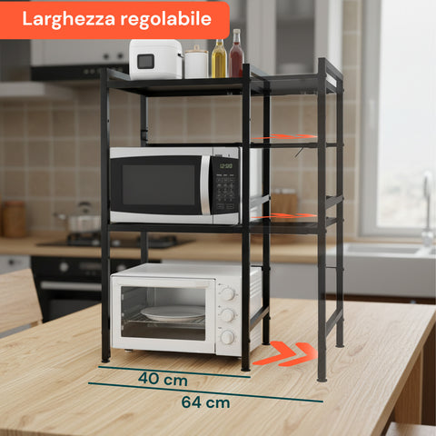 Scaffale da Cucina Espandibile a 3 Ripiani in Metallo e Legno con 6 Ganci Inclusi