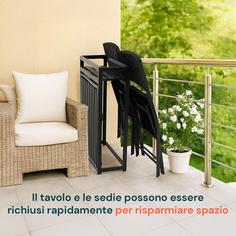 Tavolo da balcone pieghevole completamente chiuso in posizione salvaspazio, struttura in acciaio verniciato nero