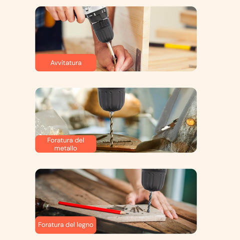 Trapano versatile per avvitatura e foratura su metallo e legno, ideale per uso professionale e domestico