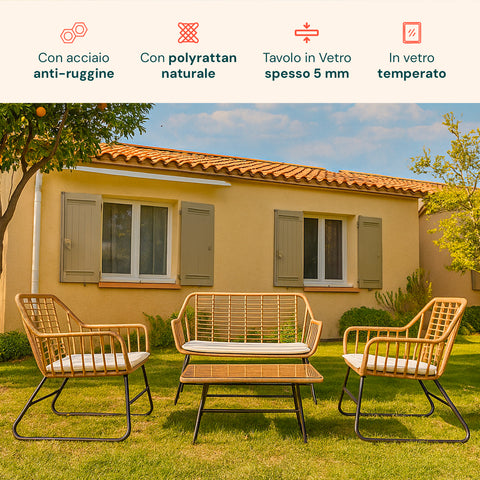 Set Cebu Salotto Con Tavolo In Vetro Divano E 2 Poltrone In Polyrattan