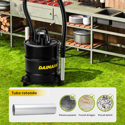 Daimann Aspiracenere 20L 800W con Filtro HEPA Lavabile, Ruote Piroettanti, Stufa Barbeque Camino e Tubo Flessibile in Acciaio Ignifugo Ean-8056590070093