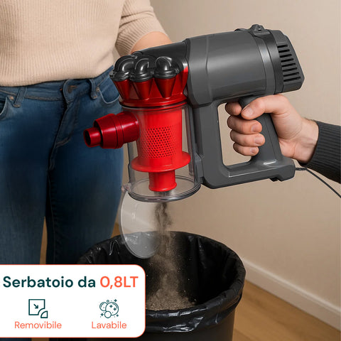 Aspirapolvere con serbatoio da 0,8L removibile e lavabile, dotato di filtro HEPA per trattenere particelle fini