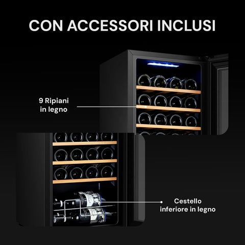 Accessori inclusi cantinetta vini da 44 bottiglie 130 litri con 9 ripiani in legno e cestello inferiore in legno per conservazione ottimale
