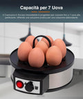 Cuociuova acciaio inossidabile capacita 7 uova vassoio nero portauova maniglia ergonomica pulsante accensione rosso timer regolabile cucina moderna colazione famiglia
