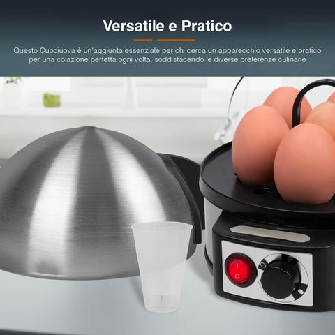 Cuociuova versatile con vassoio per 7 uova, coperchio in acciaio inox rimovibile, bicchierino dosatore e pannello di controllo intuitivo per colazione perfetta ogni giorno