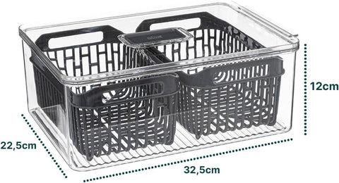 Doppio contenitore per frigorifero Tidy 32x22cm con dimensioni evidenziate - organizer trasparente con cestelli neri removibili