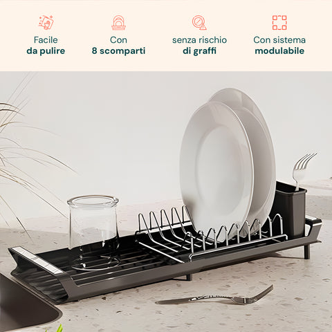 Scolapiatti facile da pulire con 8 scomparti senza rischio di graffi, sistema modulabile per organizzare piatti e posate separatamente
