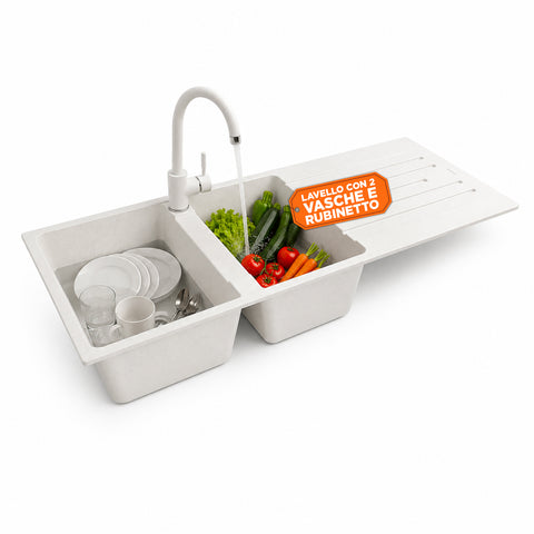 avilia home lavello cucina a due vasche con o senza gocciolatoio bianco o nero rubinetto incluso ean 8056819079098