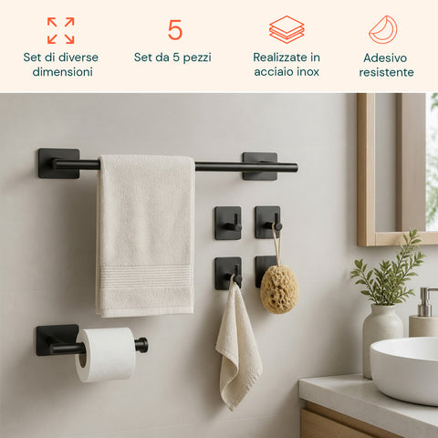 avilia home set 5 accessori bagno adesivi grigio in acciaio inox portata 25kg completo di porta rotolo e ganci per asciugamani ean 8052879012020