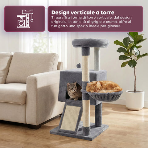 puppy lovers albero tiragraffi per gatti multilivello h 87 cm in sisal con amaca piattaforme e gioco a pallina 45x40 cm ean 8054806950481
